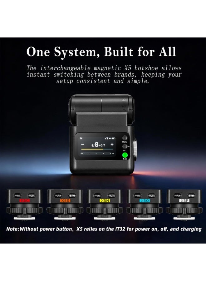 جودوكس فلاش الكاميرا IT32 TTL مع مشغل الفلاش X5S لكاميرات سوني، قاعدة تثبيت مغناطيسية ومشغل فلاش 2 في 1، شاشة لمس ملونة، رأس فلاش قابل للدوران، نظام X TTL وHSS، مصباح إضاءة LED، ملحقات إبداعية. - Image 5